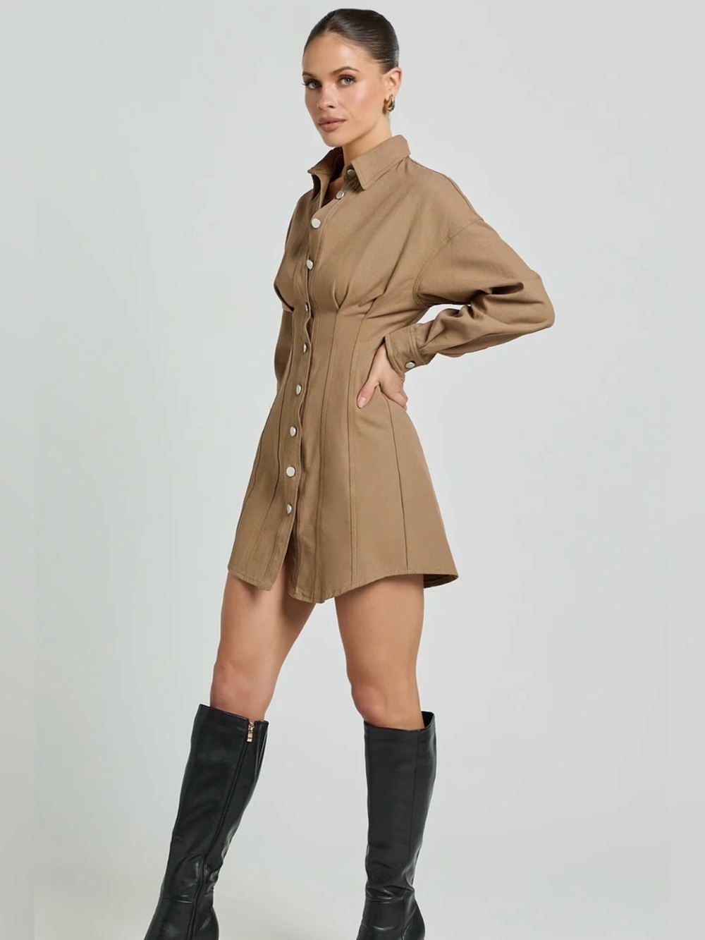 Showpo Sofia Button Through Long Sleeve Mini Dress In Mocha - Picture 4 of 8